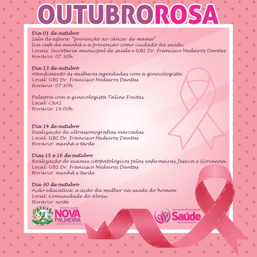 Programação do Outubro Rosa começa nesta terça Prefeitura Municipal de Nova Palmeira